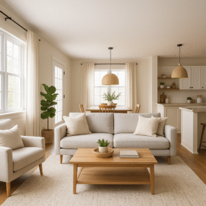 Cozy living room interior with sofa and neutral decor